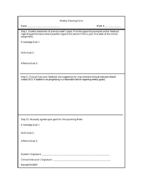 Weekly Planning Form For Clinical Supervision Download Printable Pdf