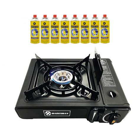 Black Camping Stove Gas Stove Gas Cooker for Outdoor BBQ, Fire and Grill + 8 Butane Gas Canisters