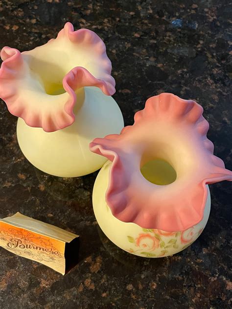 Two Fenton Art Glass Burmese Custard Satin Pink Hand Painted Ruffled Vasessigned Etsy