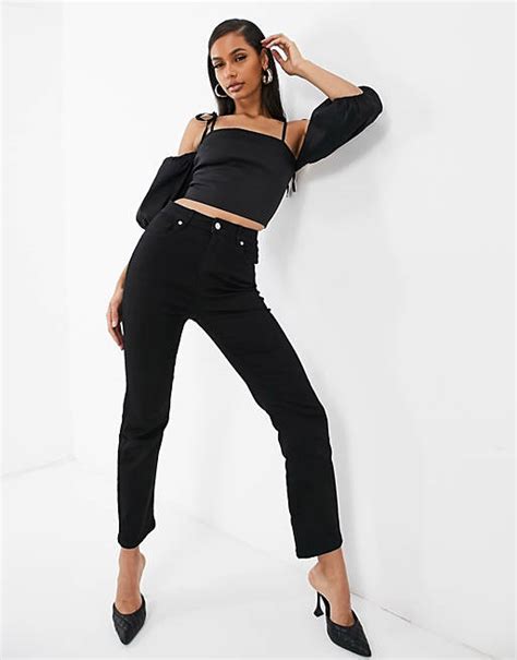 Naanaa Satin Puff Sleeve Crop Top In Black Asos