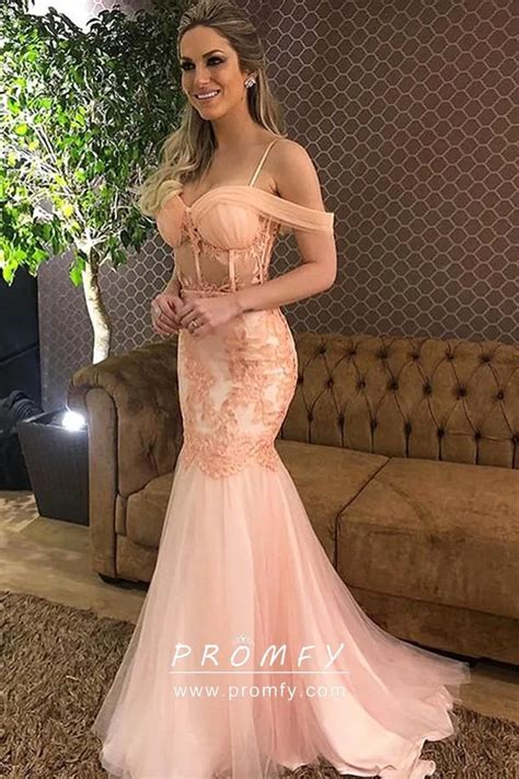 Peach Lace And Tulle Sheer Corset Mermaid Prom Dress Promfy