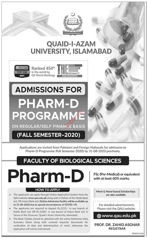 Quaid I Azam University QAU Jobs 2020 For Pharm D 2024 Government