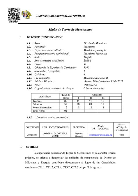 Silabo Teoria DE Mecanismos 2023 II Visado UNIVERSIDAD NACIONAL DE