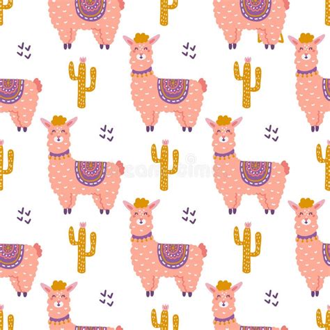 Cute Llama With Cacti Vector Seamless Pattern In Flat Hand Drawn Style