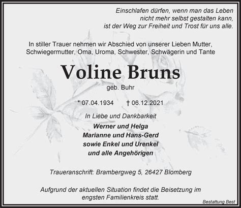 Traueranzeigen Von Voline Bruns Nordwest Trauer De