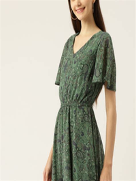 Buy Dressberry Green And Black Ethnic Motifs Printed Flared Sleeve V Neck