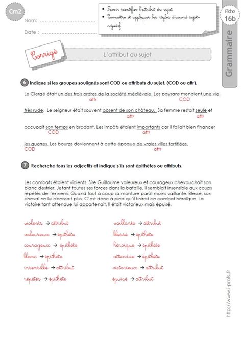 Evaluation Attribut Du Sujet 6Eme Avec Correction Peytonseutro