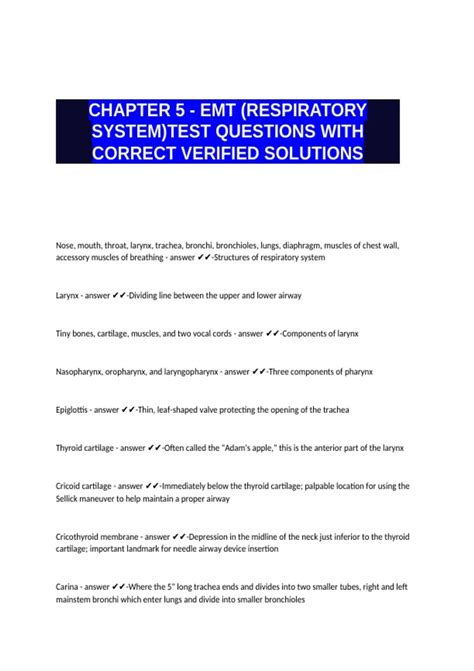 CHAPTER 5 - EMT (RESPIRATORY SYSTEM)TEST QUESTIONS WITH CORRECT