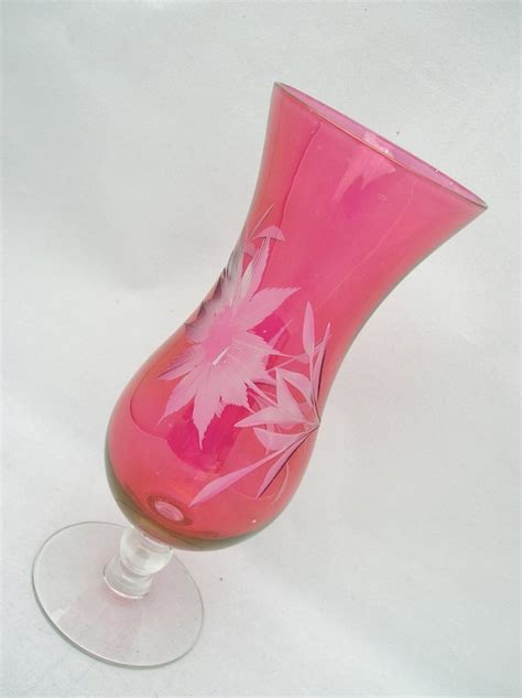 Cranberry Glass Vase With Etched Flower Design On By Ellesh71