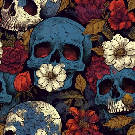 Calaveras Y Flores Sobre Un Fondo Negro Con Flores Rojas Y Azules Ai