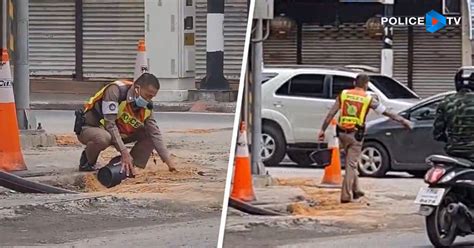 ชื่นชม ตรช่วยตักทรายกลบหลุมถนน หวั่นชาวบ้านได้รับอุบัติเหตุ สถานี