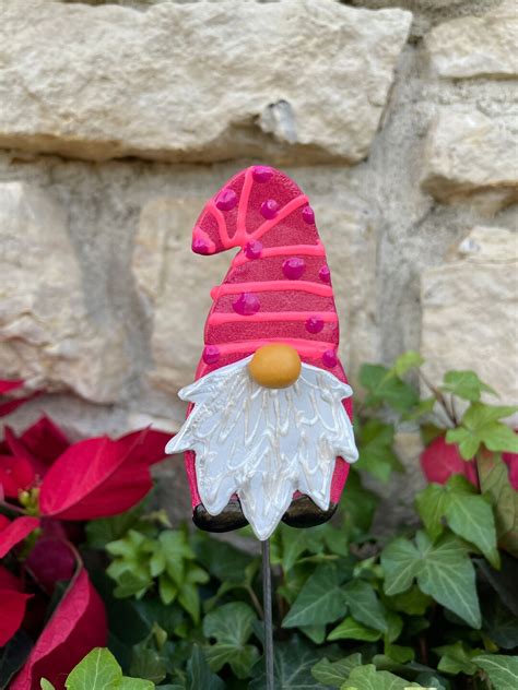 Pink Garden Gnome Stake Gnomes Planter Picks Outdoor Garden - Etsy