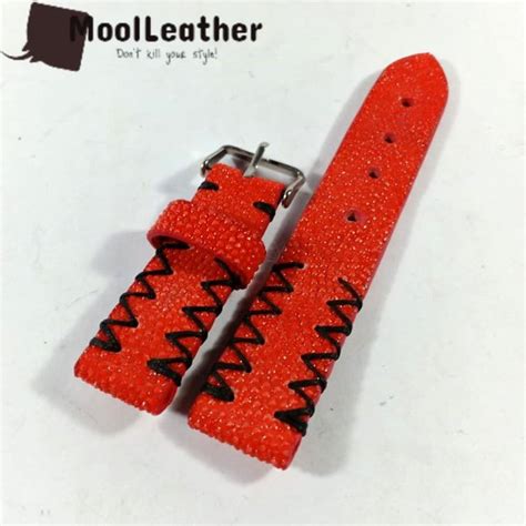 Jual Tali Strap Jam Tangan Asli Kulit Ikan Pari Duri Warna Merah Cerah