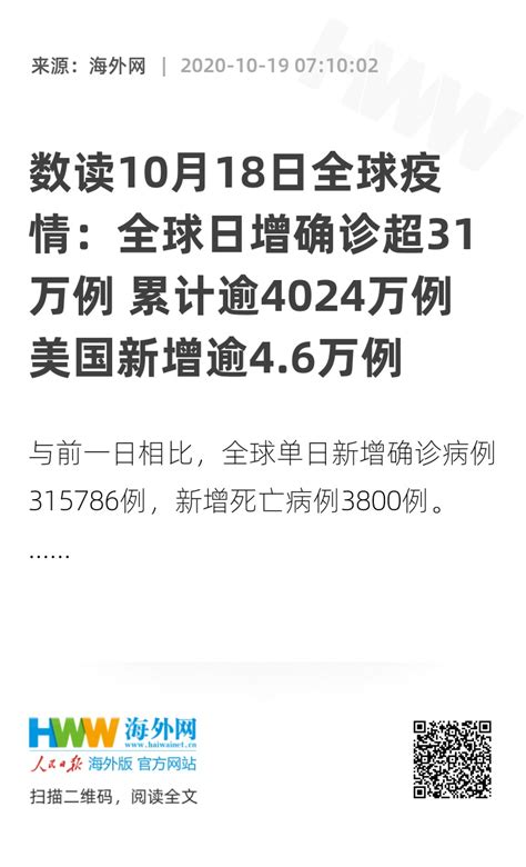 数读10月18日全球疫情：全球日增确诊超31万例 累计逾4024万例 美国新增逾46万例 原创 海外网