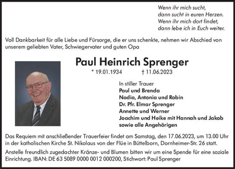 Traueranzeigen Von Paul Heinrich Sprenger Vrm Trauer De