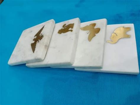 White Peacock Square Marble Brass Inlay Coasters For Corporate Gifts