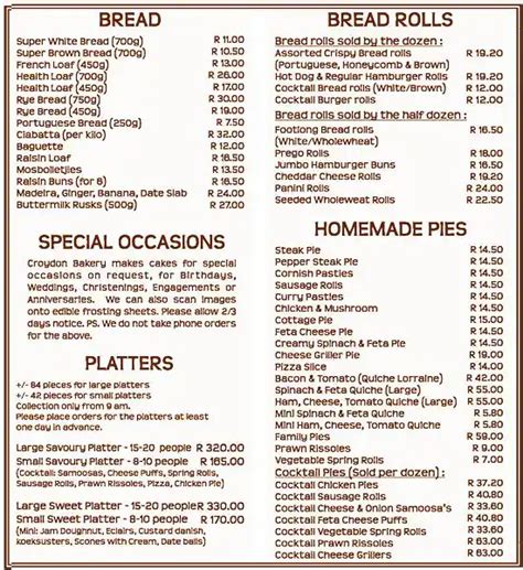 Menu at Croydon Bakery, Kempton Park