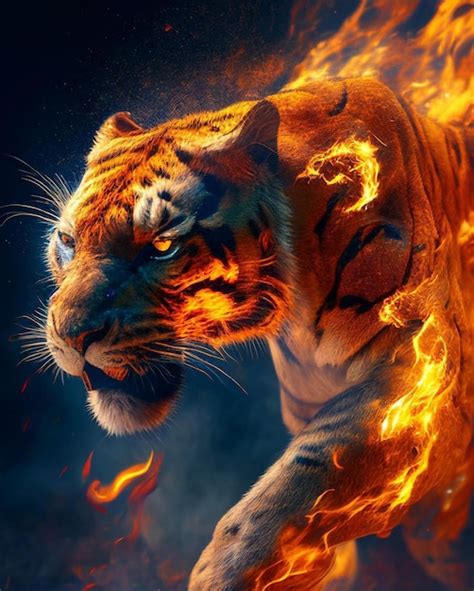 Premium Photo A Tiger With Flames On Its Face Is Shown In This Image