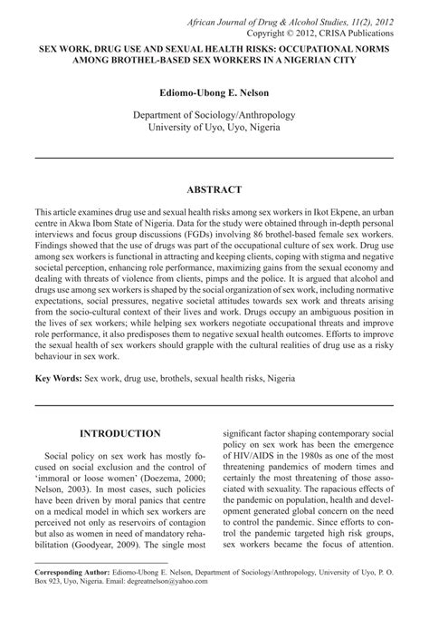 Pdf Sex Work Drug Use And Sexual Health Risks Ocupational Norms