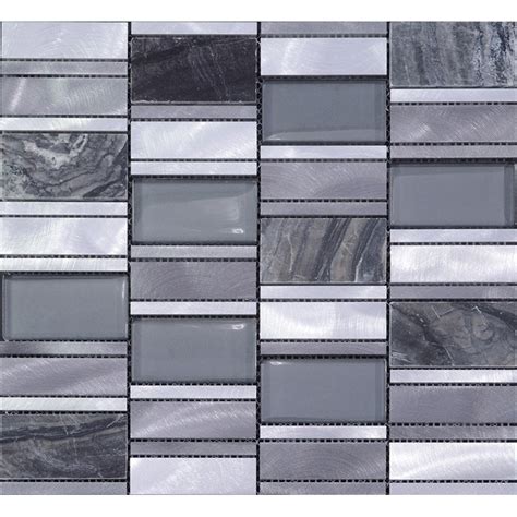 Stone And Glass Mosaic Sheets Brushed Aluminum Metal Wall Tiles Gray Marble Tile Backsplash Mg012