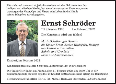 Traueranzeigen Von Ernst Schr Der Saarbruecker Zeitung Trauer De