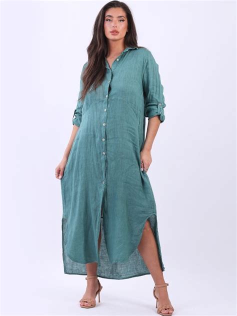 Wholesale Italian Plain Front Buttons Linen Lagenlook Long Shirt Dress