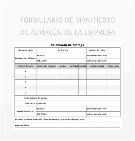 Plantilla De Formato Excel Formulario De Manifiesto De Almacén De La