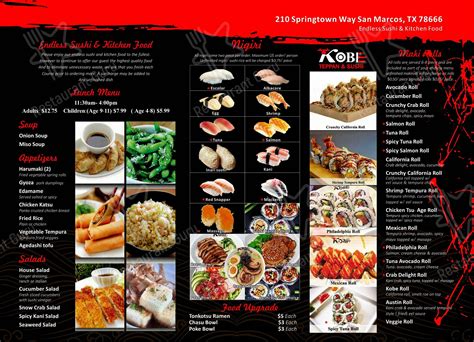 Menu At Kobe Steak House And Sushi Restaurant San Marcos