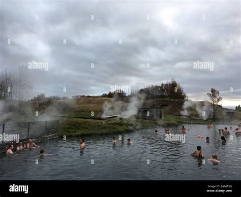 The Secret Lagoon geothermal pools, Iceland, 12 October 2019 Stock ...