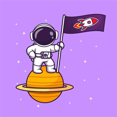 Bonito Astronauta Segurando A Bandeira De Foguete No Planeta No Espa O