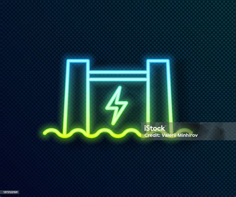 Glowing Neon Line Hydroelectric Dam Icon Isolated On Black Background Water Energy Plant