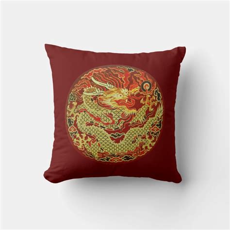 Golden Asian Dragon Embroidered On Dark Red Throw Pillow Zazzle