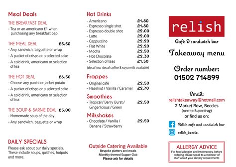 Take Away Menu Relish Cafe