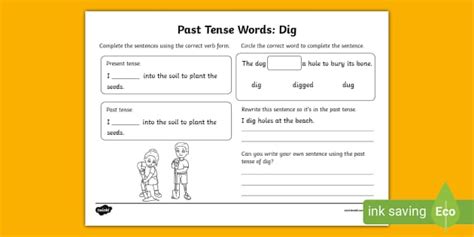 Past Tense Words Dig Worksheet Lehrer Gemacht Twinkl