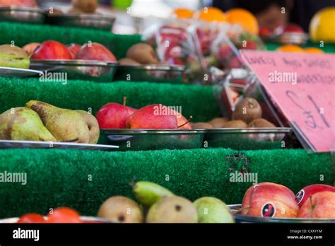 Fruit And Vegetables On A Market Stall Showing Rows And Columns Of