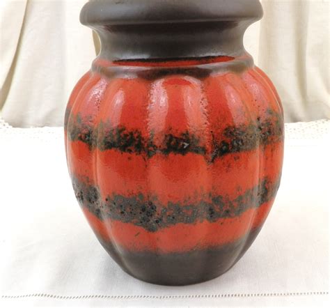 Vintage Scheurich Keramik Large Round Vase With Red And Black Striped