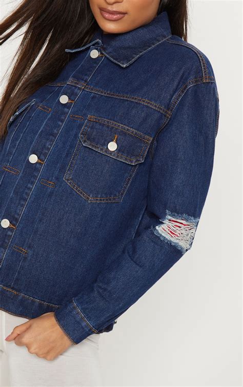 Veste En Jean Indigo Déchirée Denim Prettylittlething Fr