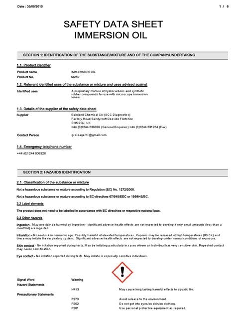 M250 Immersion Oil Msds Pdf Personal Protective Equipment Toxicity