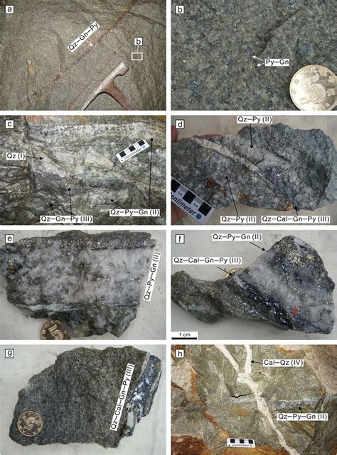 Ore types (a–b) and ore-forming stages (c–h) of the Qi191 Au deposit. a ...