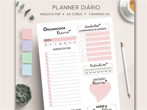 Planner Diário A5 Arquivo Digital folhas Diárias Elo7