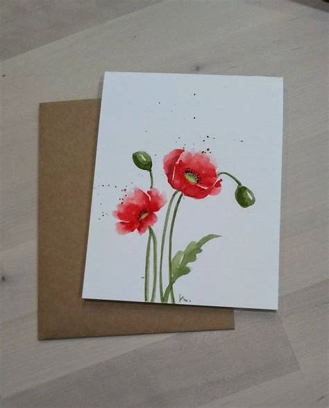 Set Of Original Hand Painted Watercolor Floral Red Poppy