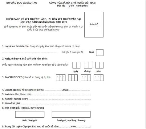 Mẫu Phiếu đăng Ký Xét Tuyển Thẳng ưu Tiên Xét Tuyển Vào đại Học Cao