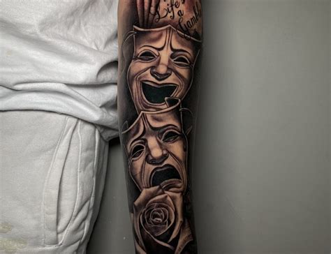 Drama & Tragedy Theatre Mask Blackwork Illustrative Sleeve Tattoo By ...