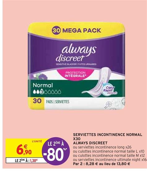 Promo Always Serviettes Incontinence Normal X30 Discreet Chez Intermarché