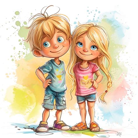 Cute Cartoon Brother And Sister Standing Together Premium Ai