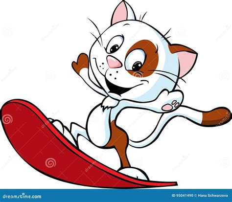 Cute Cat Surfing On Board Cartoon Vector Stock Vector Illustration