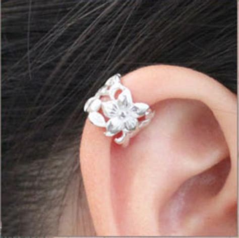 925 Sterling Silver Flower Cartilage Ear Cuff Wrap Clip On Earrings