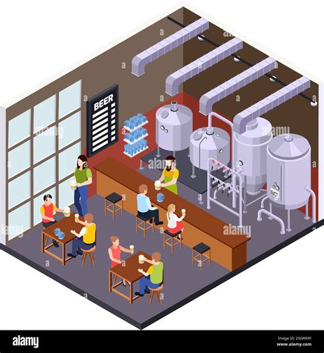 Brewery Beer Production Isometric Composition With Brew Pub Scenery