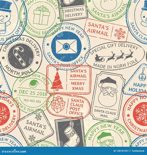 Christmas Postal Pattern. Santa Claus Postmark Cachet, Winter Holiday ...