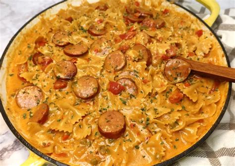 One Pot Cheesy Smoked Sausage With Bowtie Pasta Whats Mom Cookin